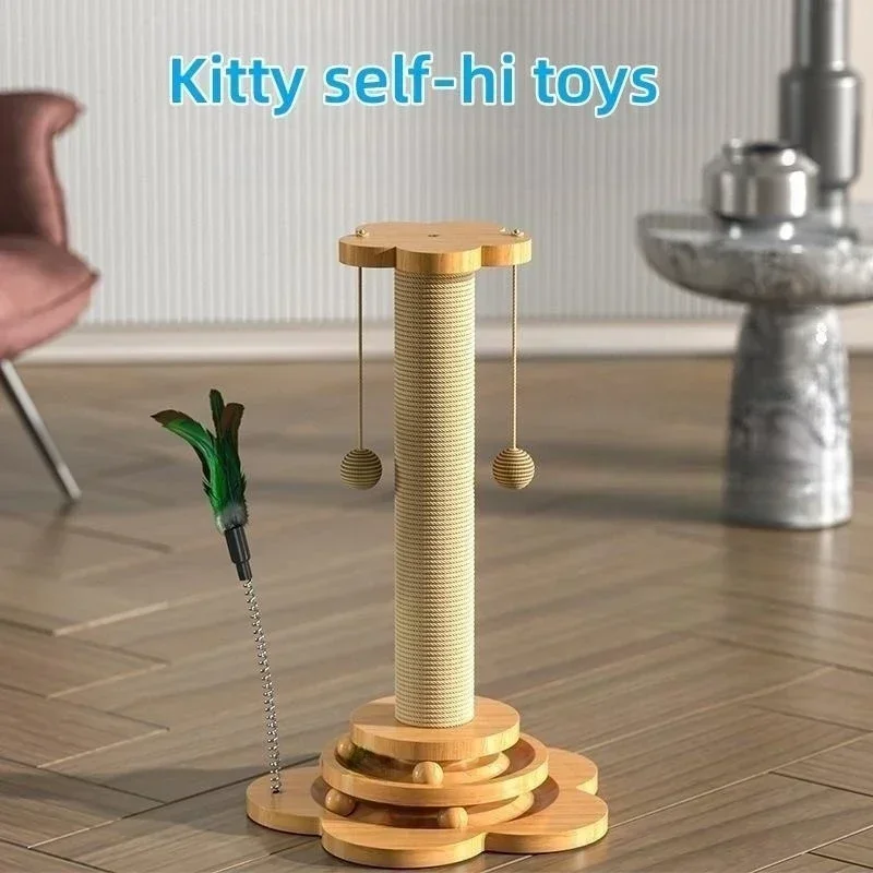 

Pet Cat Toy Solid Wood Cat Turntable Funny Cat Stick Balls Sisal Scratching Board Cat Durable Supplies Cat Grab Column