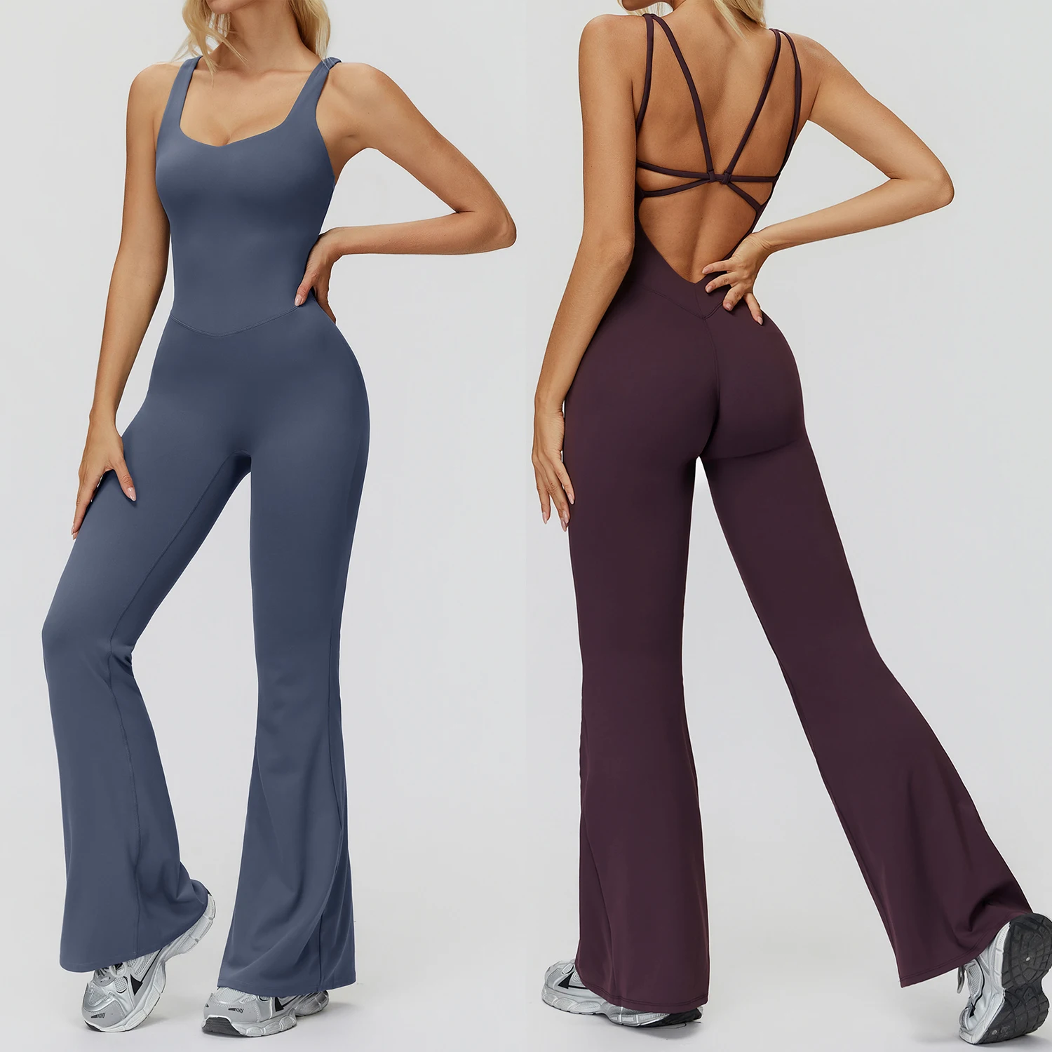 

Цельный спортивный комбинезон, комплект для йоги, спортивный костюм, женский комплект для тренировок, спортивный костюм, расклешенные брюки с открытой спиной для фитнеса, боди для тренировок