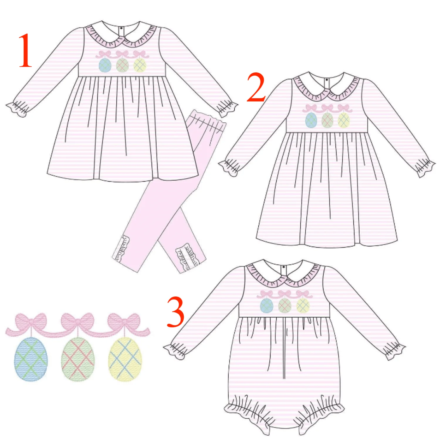 

Easter New Bowknot Pink Stripe Print Long Sleeve Pants Girls Boutique Set Dress and Romper