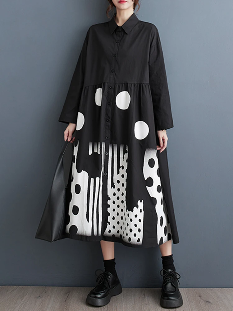 EAM Women Black Big Size Irregular Print Spliced A-line Shirt Dress New Lapel Long Sleeve Fashion Spring Autumn 2024 31A0943