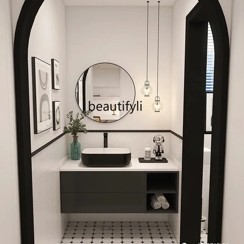 

Simple Modern Bathroom Combination Black Table Basin Wash Basin Stone Plate Washstand Bathroom Cabinet