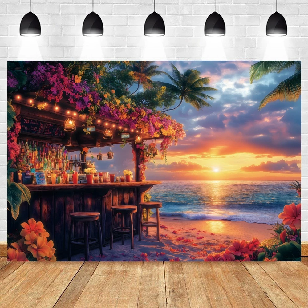 Summer Seaside Holiday Party Decor Backdrop Sunset Sand Coconut Tree Flower Floral Birthday Decoration Photography Background