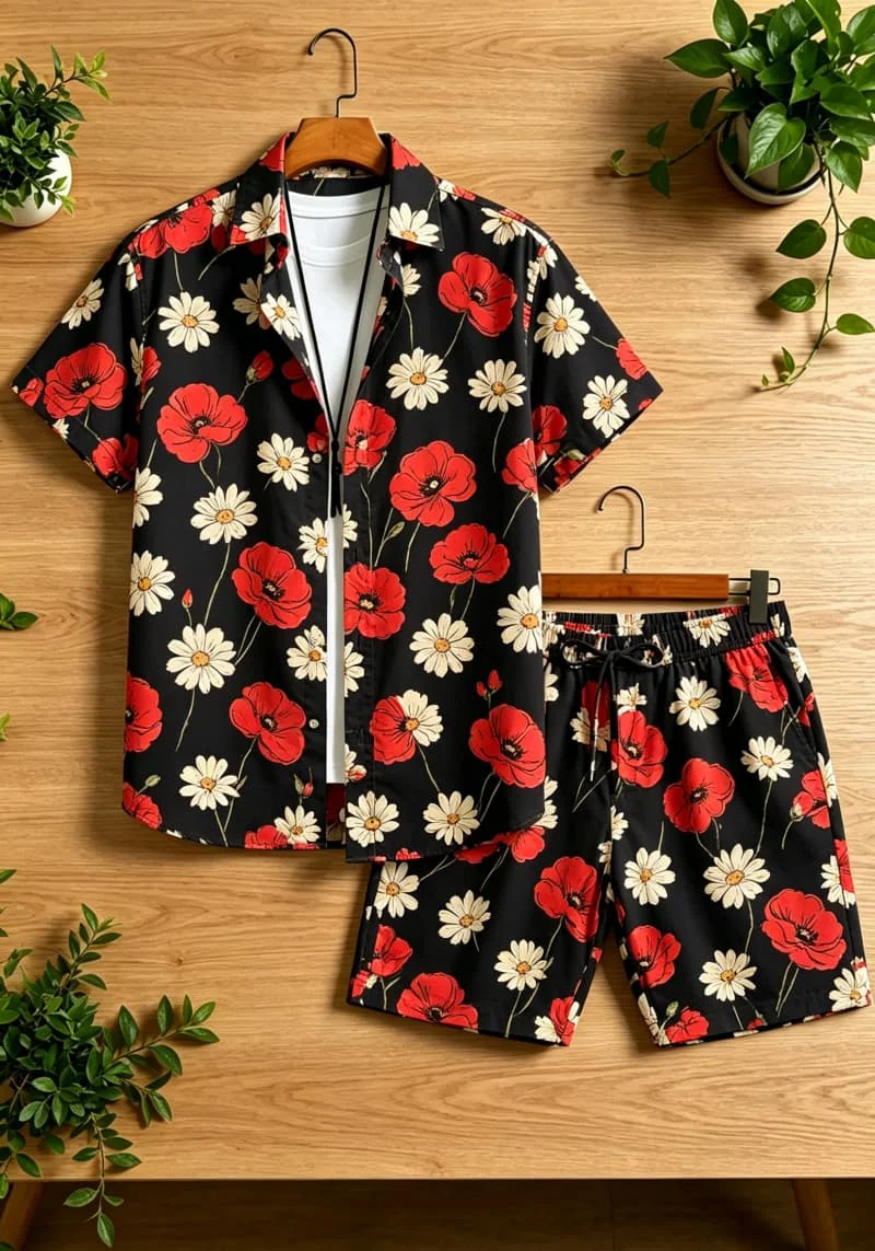 Conjunto de dos piezas con estampado floral y de plantas tropicales para hombre, camisa de manga corta y pantalones cortos, para usuarios que buscan un estilo de vacaciones fresco.