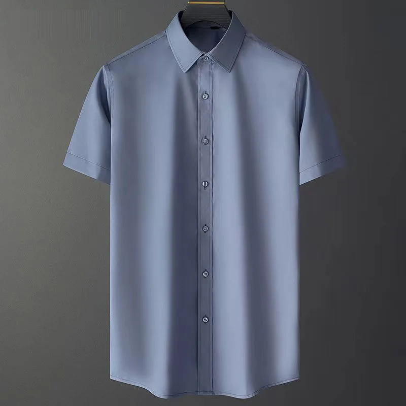 Camisa de negócios branca de manga curta masculina, seda gelada, camisa casual fina, terno azul, forro de casamento, verão, P69