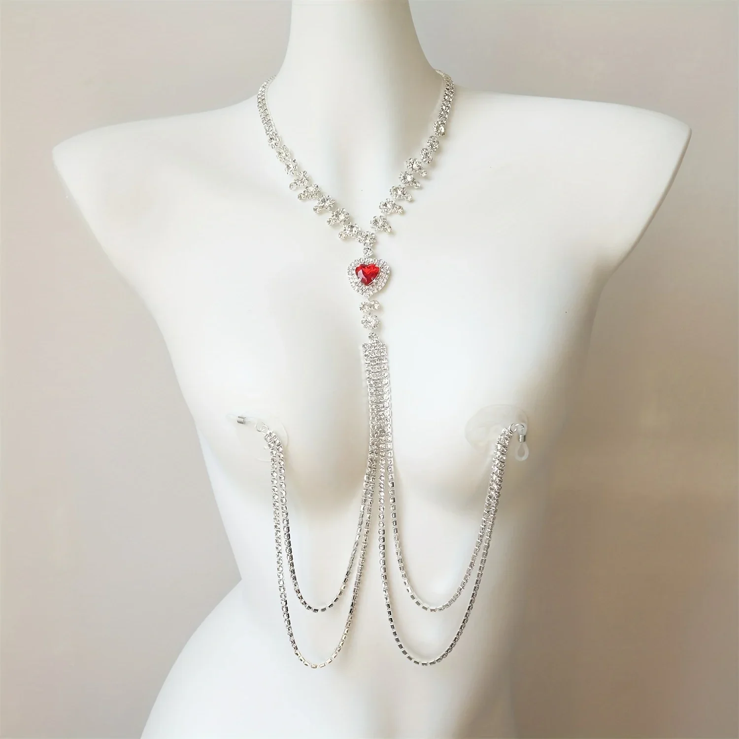 Super Sparkling Sexy Tassel Rhinestone Red Heart-shaped Nipple Chain Exaggerated Women's Crystal Bikini Jewelry Valentine's Day