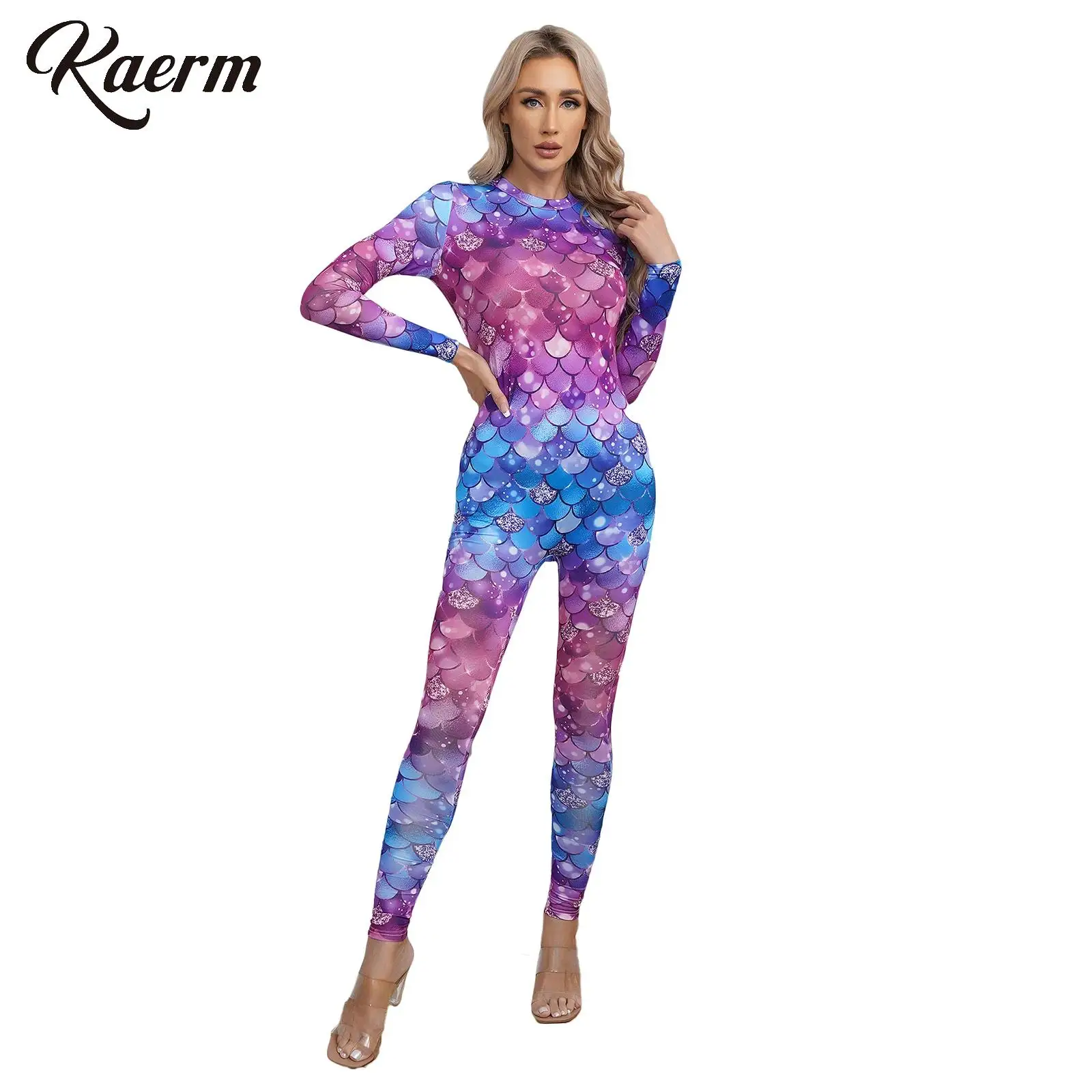 

Womens Mermaid Cosplay Costume Fish Scale Print Jumpsuit Long Sleeve Back Zipper Full Body Romper Multi-color Bodysuit Swimsuit