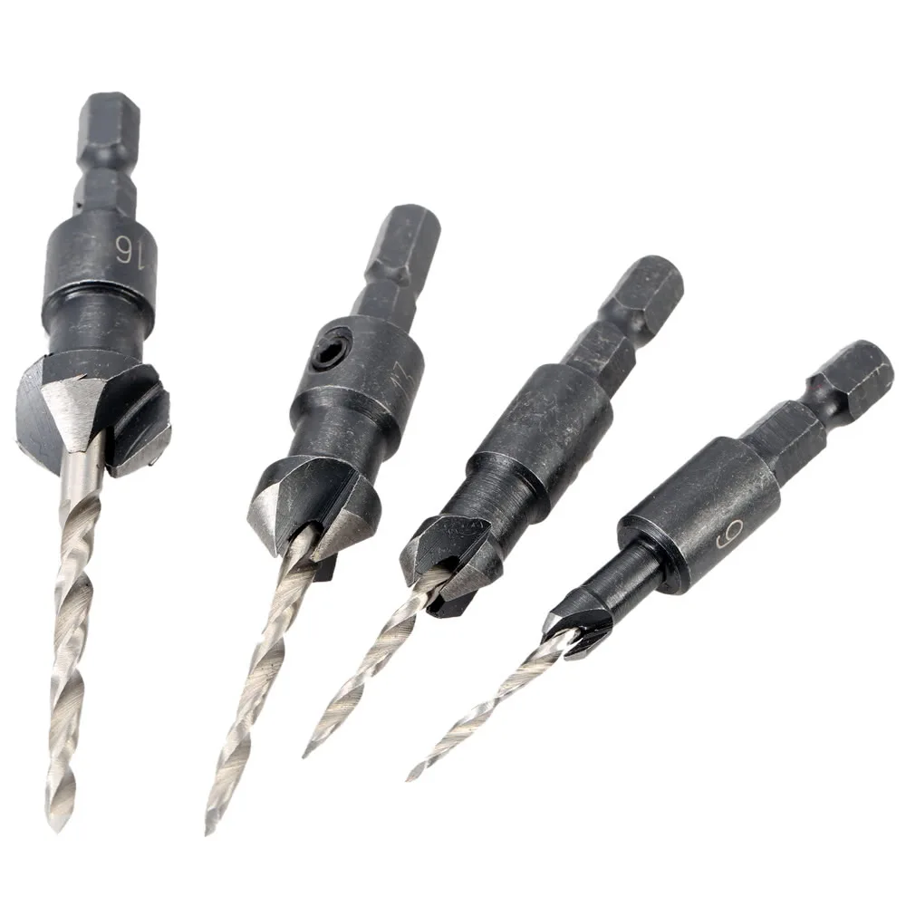 

4 Pcs/set Professional Countersink Drill Bit Set with Quick Change Hex Shank High Speed Steel Carbon Steel Counter Bore Woodwork