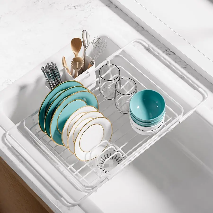 

Extendable Dish Drying Rack Over Sink with Dish Drainer, Sink Organization and Storage Essentials with Silverware amp Utensil Ho