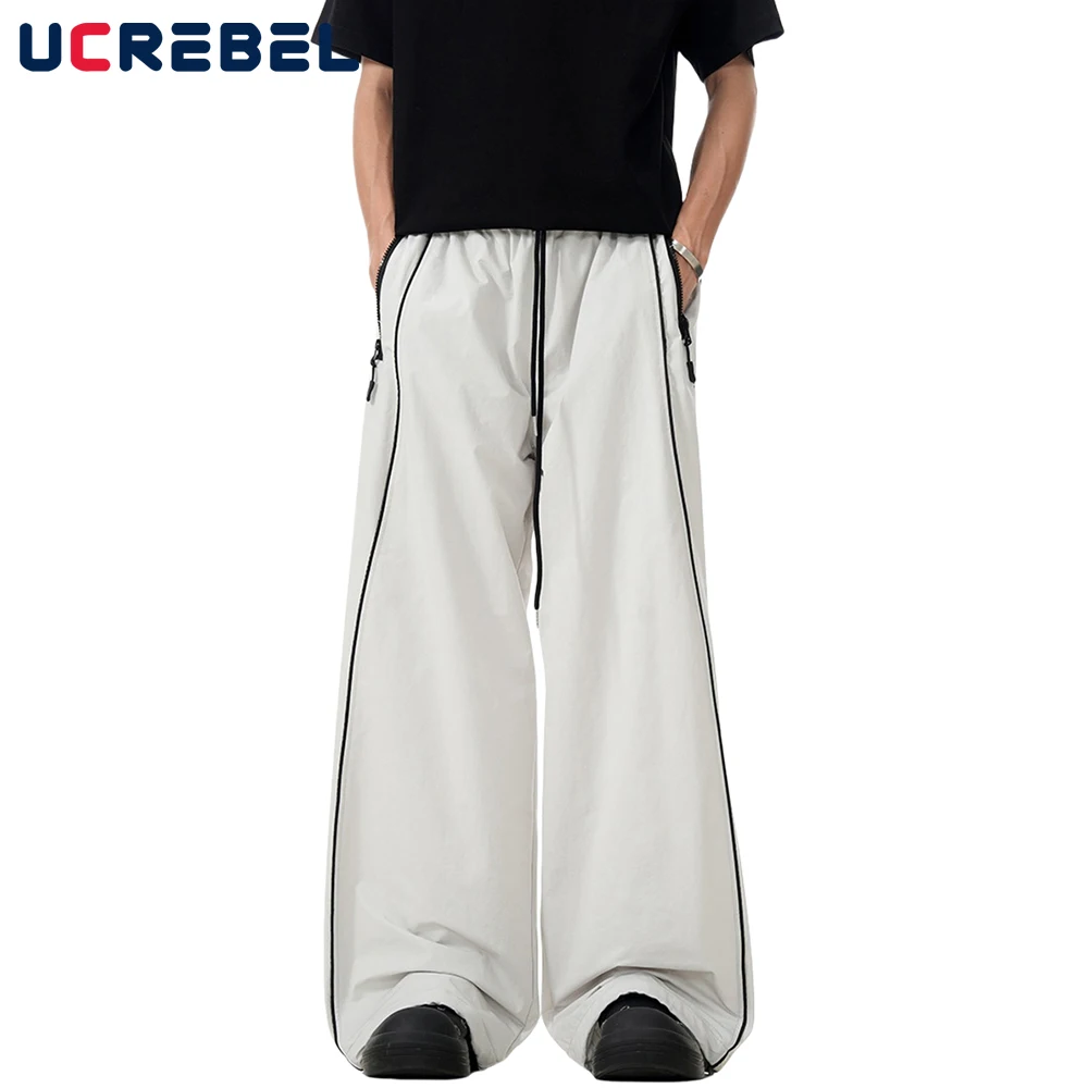 

Spliced Embroidery Cargo Pants Mens High Street Elastic Waist Loose Wide Leg Joggers Pants Men Trousers