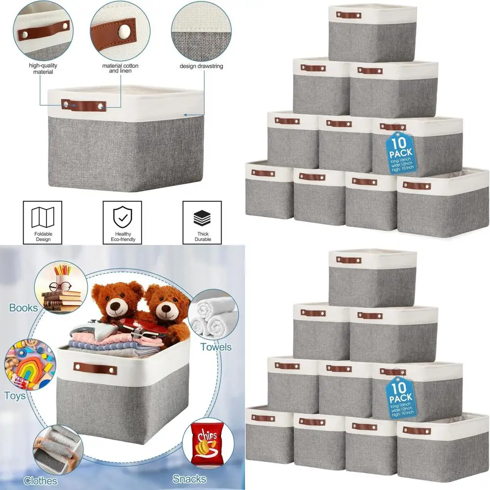 

Складные тканевые контейнеры для хранения с ручками, складные корзины для дома, шкафа, детской комнаты, игрушек (16x12x10 дюймов, серые и белые)