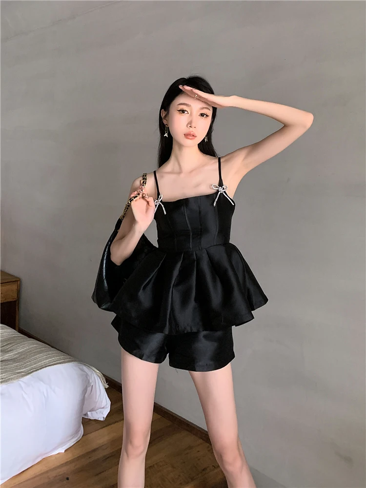 Women\'s Elegant Black Shorts Sets Vintage A-Line Shorts and Off Shoulder Crop Top Y2k Fashion Vintage 90s 2000s Gothic Clothes