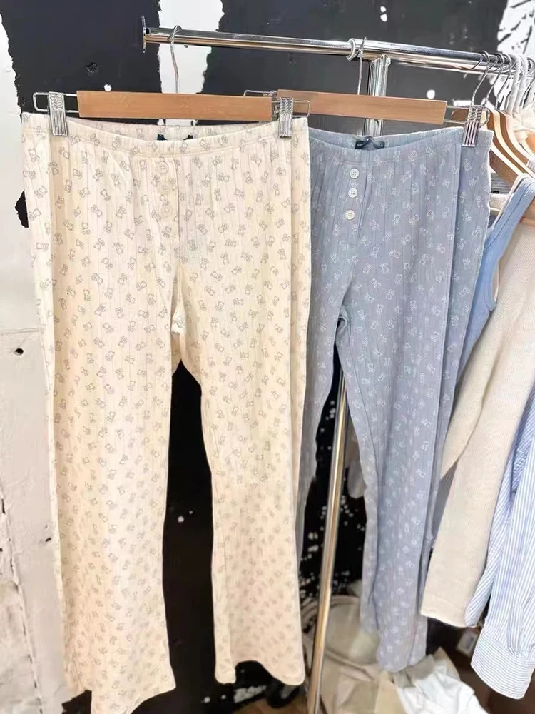 Urso pequeno bonito feminino estampado com ilhó calça reta, cintura elástica de algodão, calça casual para as pernas largas, outono