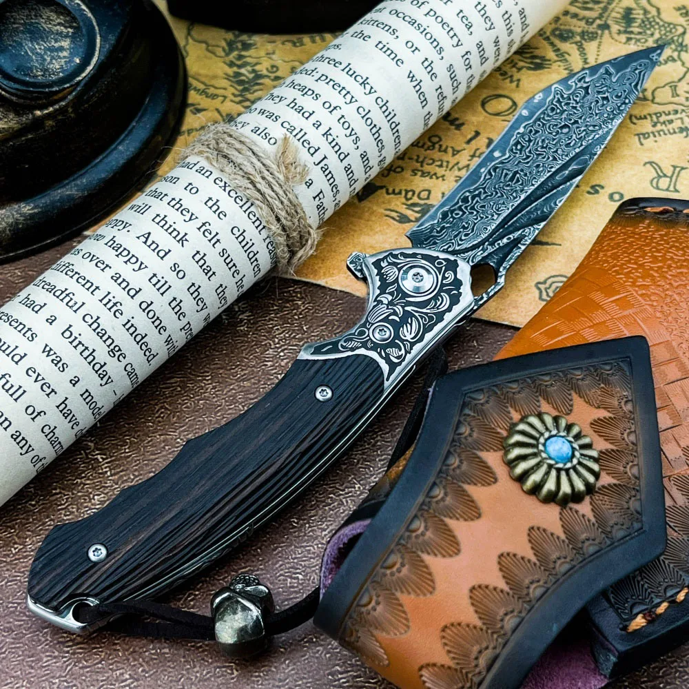 Acampamento ao ar livre caça faca de pesca urso preto dobrável lâmina de aço damasco ébano lidar com multi-função sobrevivência ferramentas edc