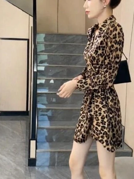 

Модное платье с леопардовым принтом и поясом, легкое, элегантное, стройнящее, для ранней осени, новинка