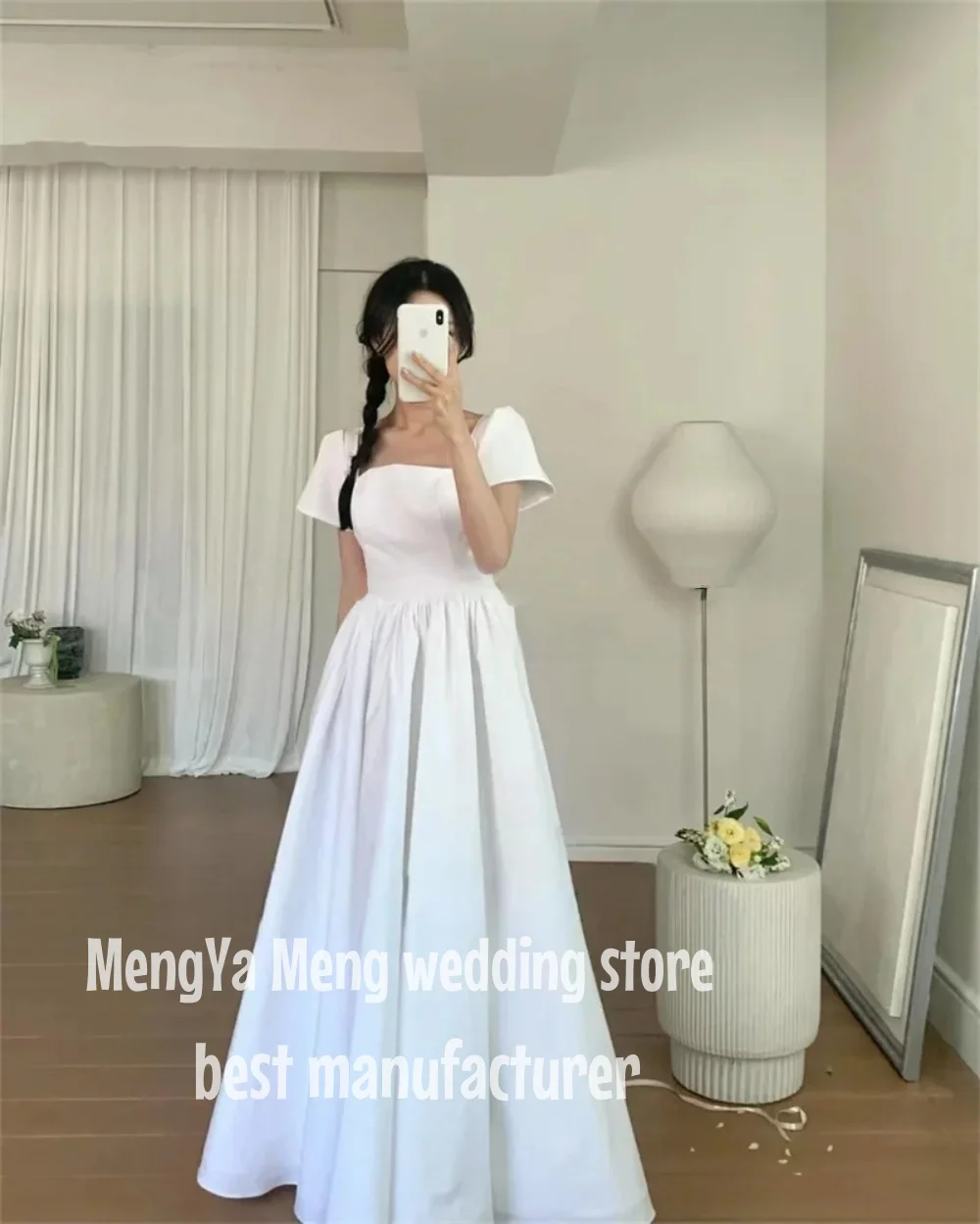 

ZHUISHU Square Collar Korea Ivory A-Line Backless Wedding Dresses 웨딩드레스Taffeta Simple Customized Pretty Bride Gowns Plus Size