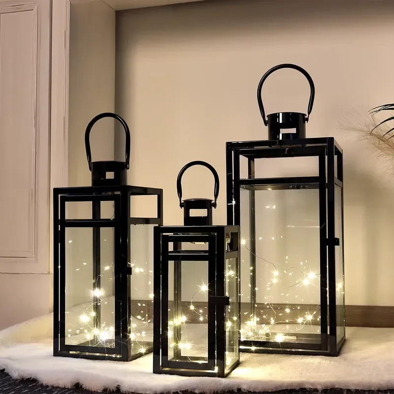 3 Pcs Modern Large Black Metal Candle Holders Garden Hanging Lanterns Outdoor Wedding Home Decor Empty Light Fixtures