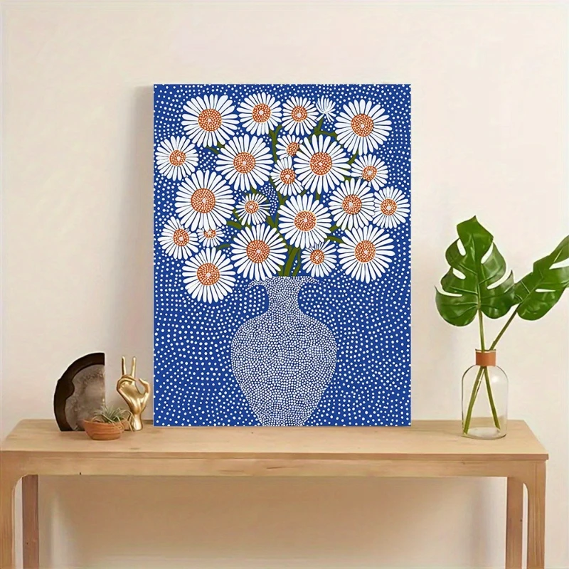 Modern Abstract Blue Vase with White Daisy Flowers Poster and Prints Canvas Painting Wall Art Picture for Living Room Home De