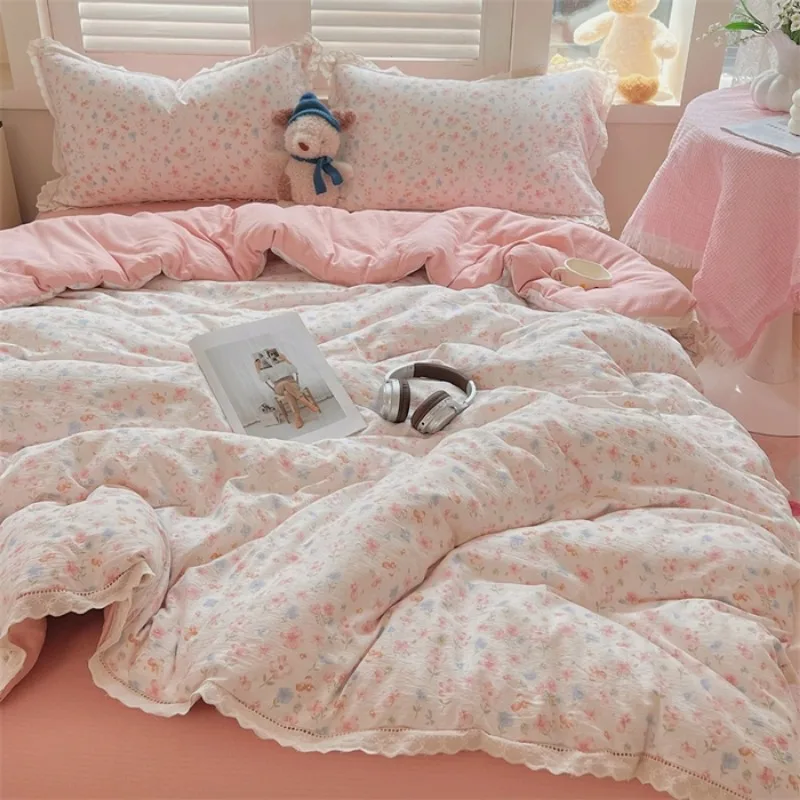 New printed Class A wrinkled yarn double-layer yarn cotton lace four-piece set dormitory bed sheet kit
