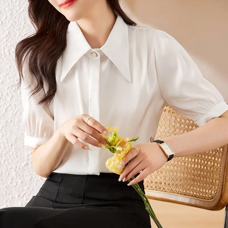 New French Top Solid Color Lapel Single-breasted Short-sleeved Chiffon Shirt for Women for Summer Thin White