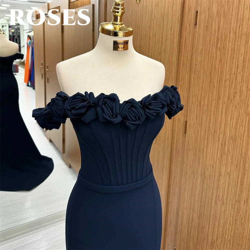 ROSES Blue Evening Dress Off The Shoulder Trumpet Party Dresses with Pleats Satin Vestido De Novia Sexy Side Split Prom Dress