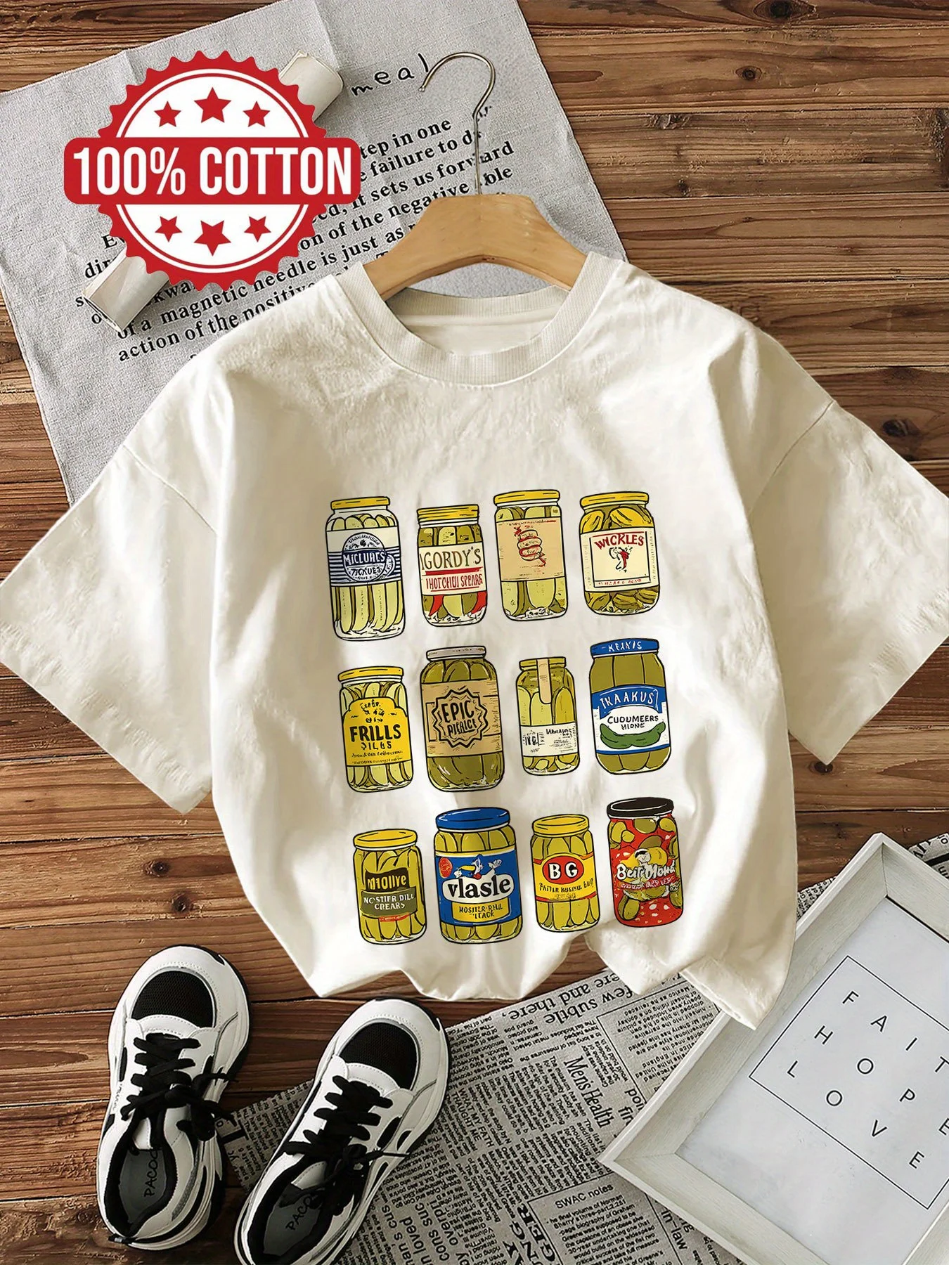 Pickle Jar Design Women's Casual T-Shirt Loose Short Sleeve Round Neck Tshirt Canned Pickles Graphic Tee Cotton Female Clothing