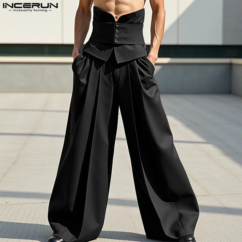 

Men Wide Leg Pants Solid Color High Waist Oversize Casual Male Trousers Streetwear Button Joggers INCERUN Fashion Long Pants Men