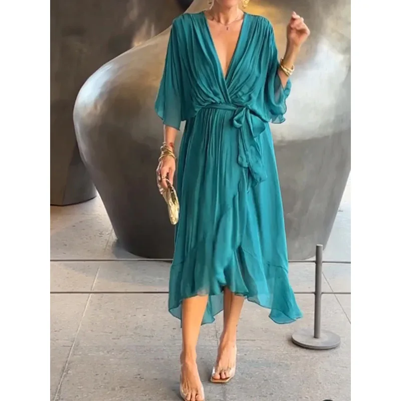 Elegant Pure Color Belted Long Dress Batwing Sleeve Asymmetrical Hem Large Size Women's Fashion Cross-Border Skirt