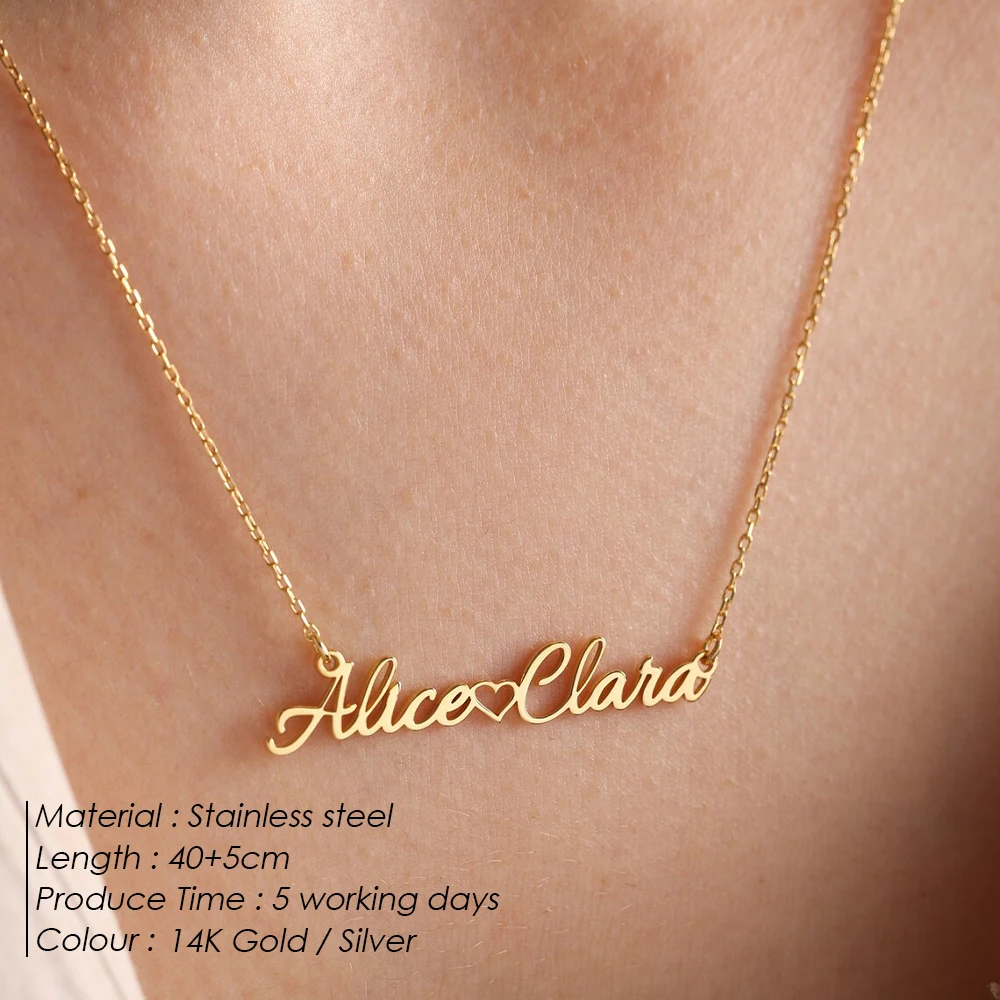 EMANCO Personalized Double Names Necklace with Love Heart Customized Name Pendant Women Stainless Steel Jewelry Couple Gifts