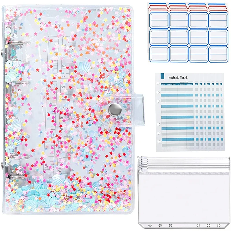 Notebook Binder, With 12 Transparent Binder Zipper Pockets,Loose Leaf Pocket, 6-Ring Binder, Cash Budget Envelope Buckle