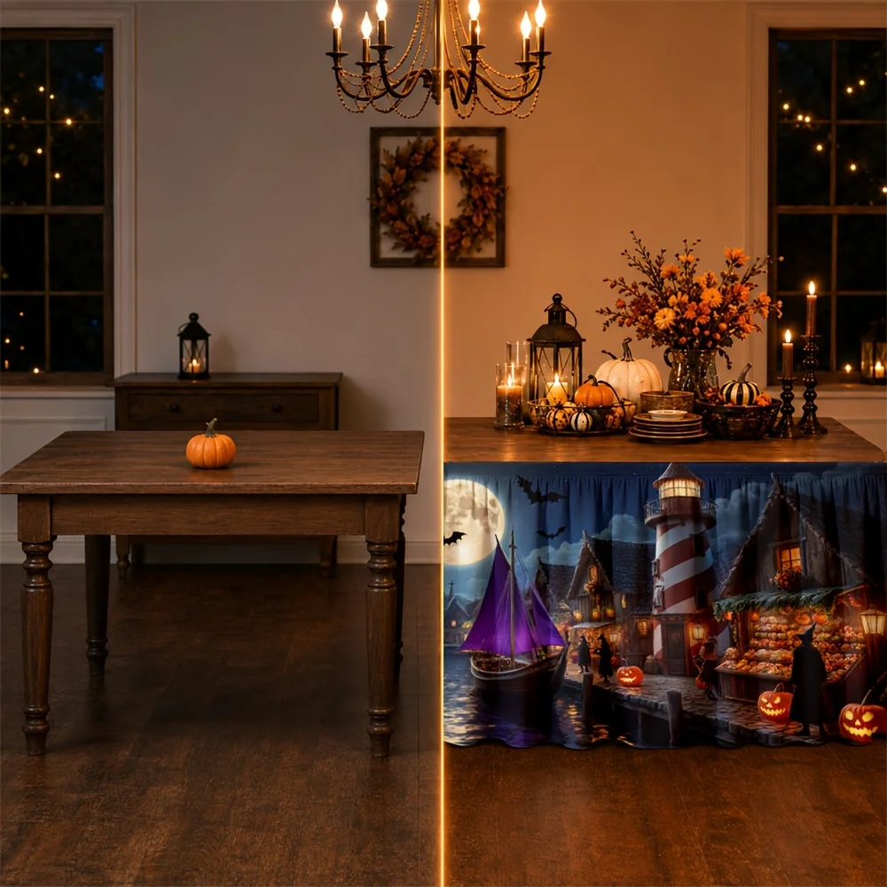 One tablecloth, made of paint material, featuring a crescent moon bat lighthouse, pumpkin haunted house, and pebble street lamp.