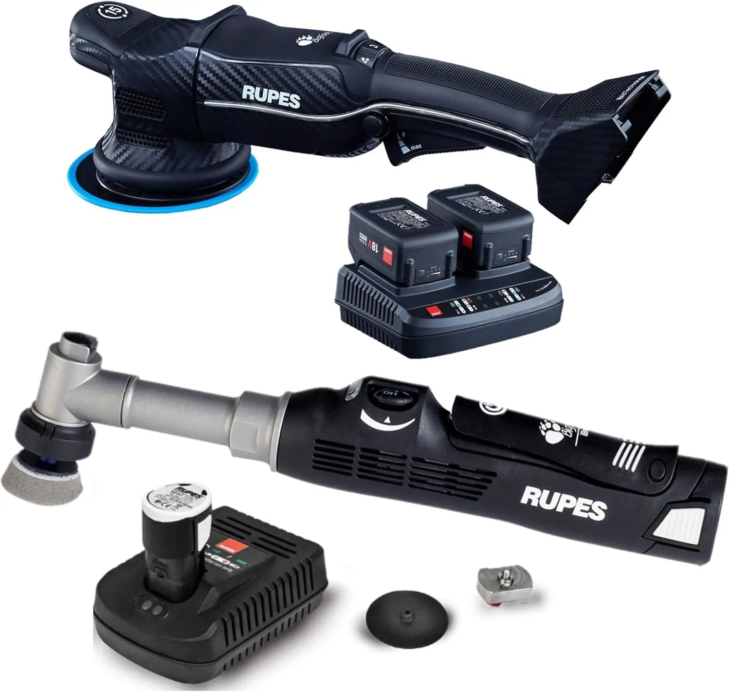 Rupes Bigfoot Ibrid Orbital Polisher & Ibrid Nano Long Neck Polisher Combo - 18V Battery System, Optimizes Workflow, Boosts