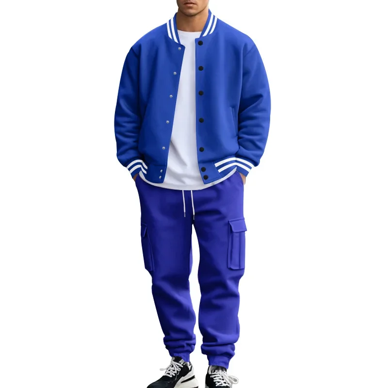 Autumn and Winter American Stand-Up Collar Baseball Jersey Trousers Fleece Casual Jacket Men's Loose Sports Suit