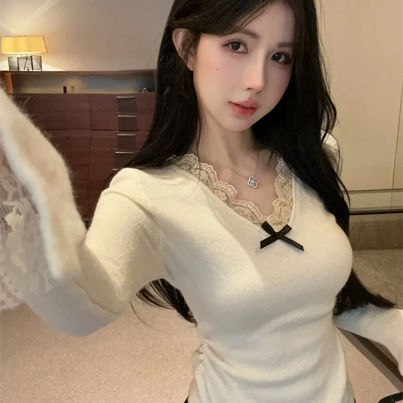 

Sexy Lace V-Ne Knitted Base irt Inner Wear Top Trendy Autumn Winter New Arrival Slim Fit Long Sve ort Length Pure Color