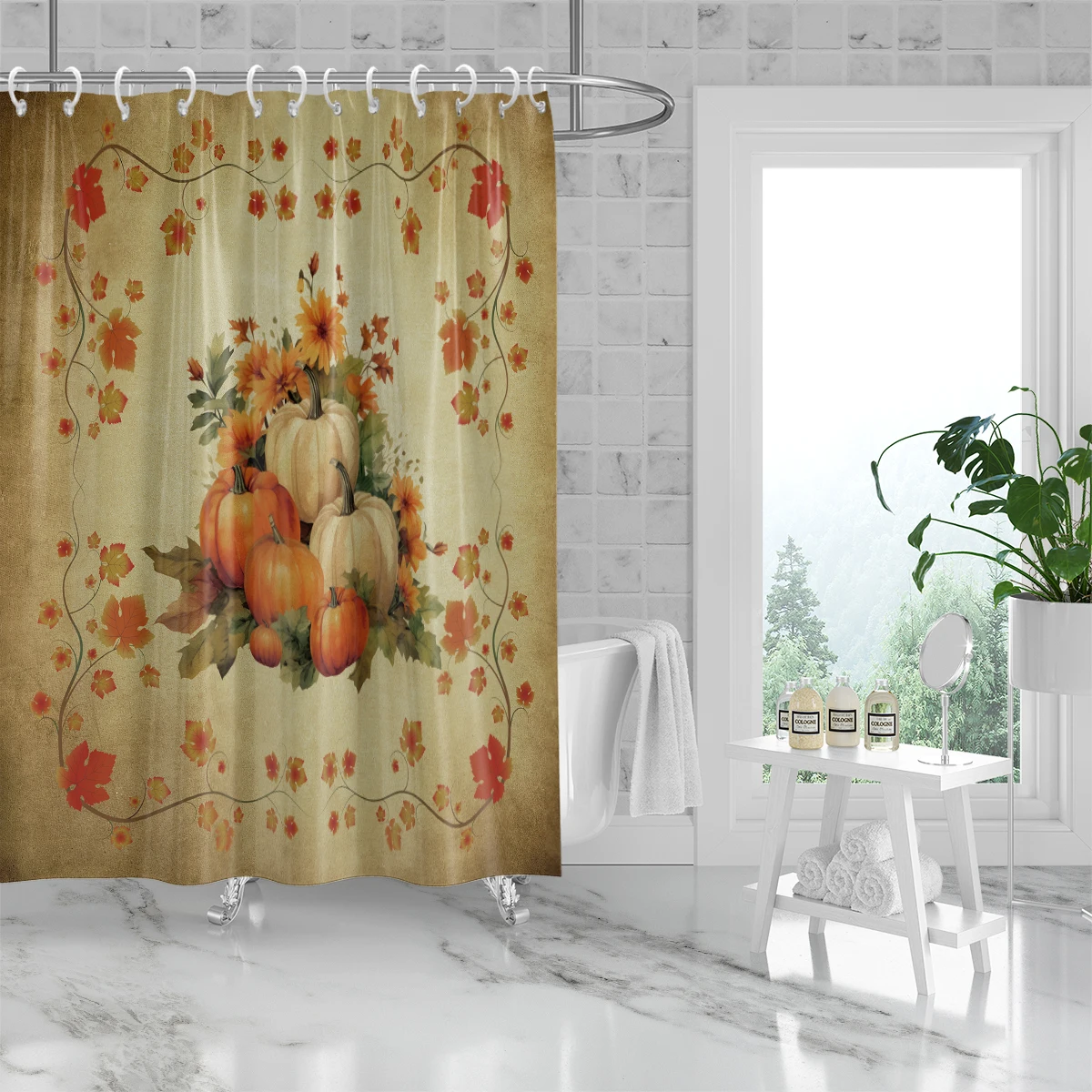 Thanksgiving Pumpkin Print Shower Curtain, Vintage Style Autumn Leaves Pattern Bathroom Decor with 12 Hooks