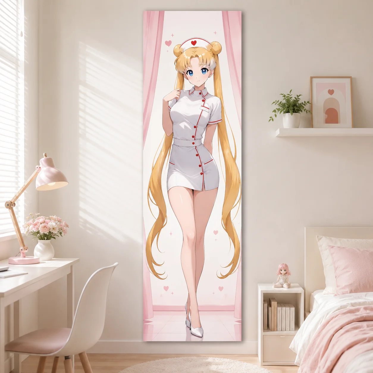 Sailor Moon Usagi Tsukino Nurse Wandteppich, rosa, süßer Anime, langer vertikaler Wandbehang für Otaku-Mädchen, Schlafzimmerdekoration