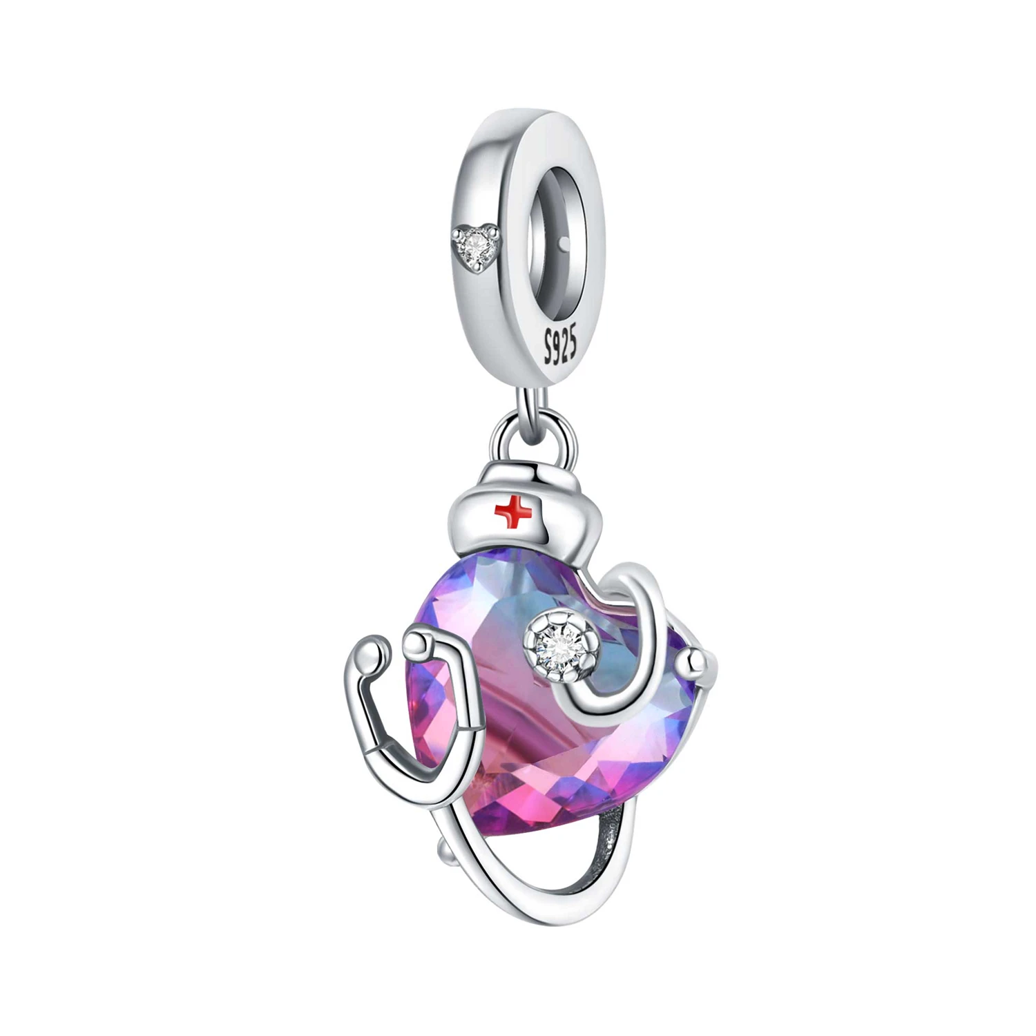 PANPOKI 925 Sterling Silver Nurse Stethoscope Heart-shaped Charms Beads Pendant Fit DIY Bracelet Necklace Jewelry Souvenir Gifts