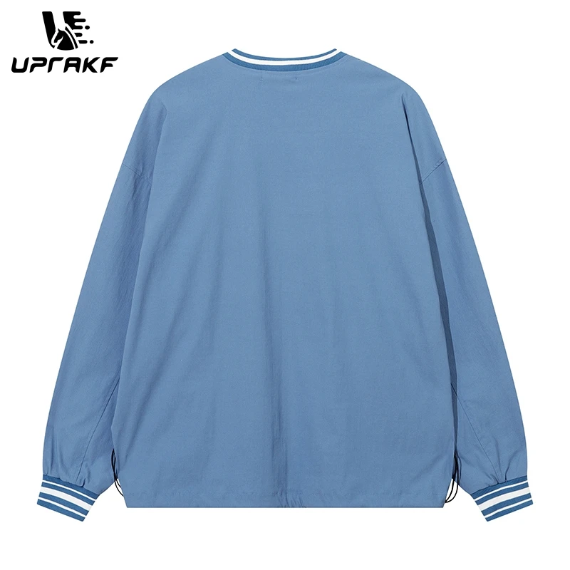 UPRAKF Y2K Streetwear V-neck Oversized Pocket Long Sleeve Sweatshirts Retro Letter Print Casual Loose Autumn Clothing