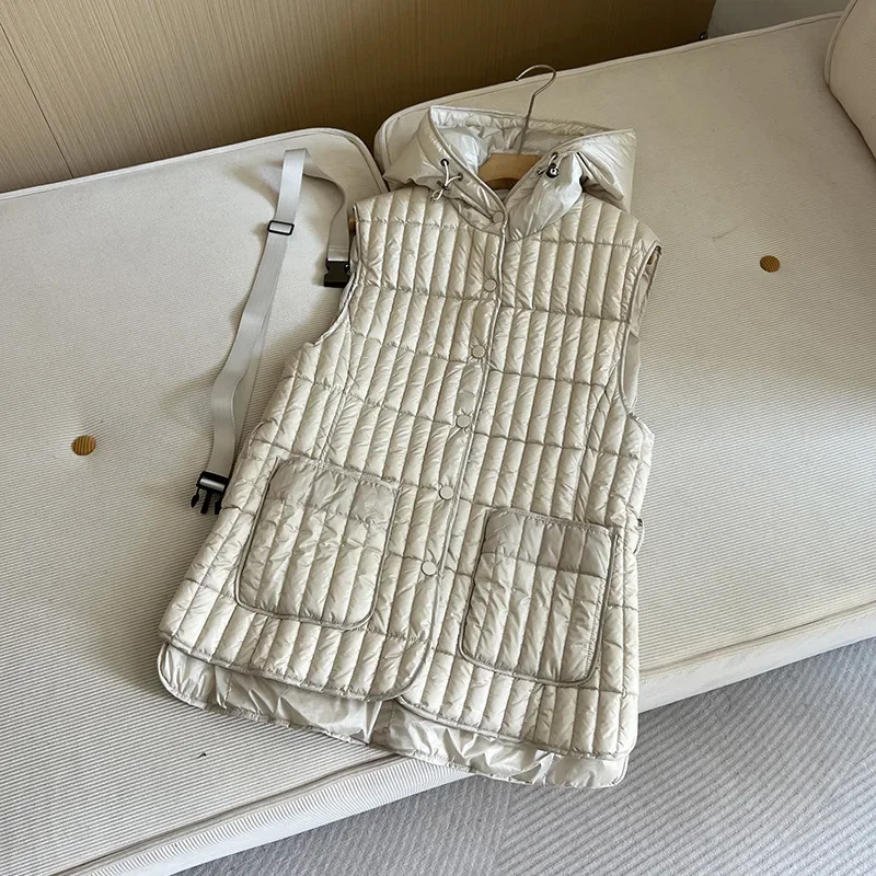 

2025 модный осенне-зимний европейский женский пуховый жилет, утягивающая толстовка с капюшоном, жилет на белом утином пуху