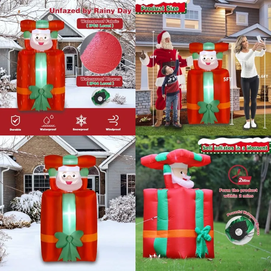 

5Feet Christmas Inflatables Decorations with Pop Up Movable Santa Claus Huge Gift Boxes, Bright LED Lights Blow Up Christmas De