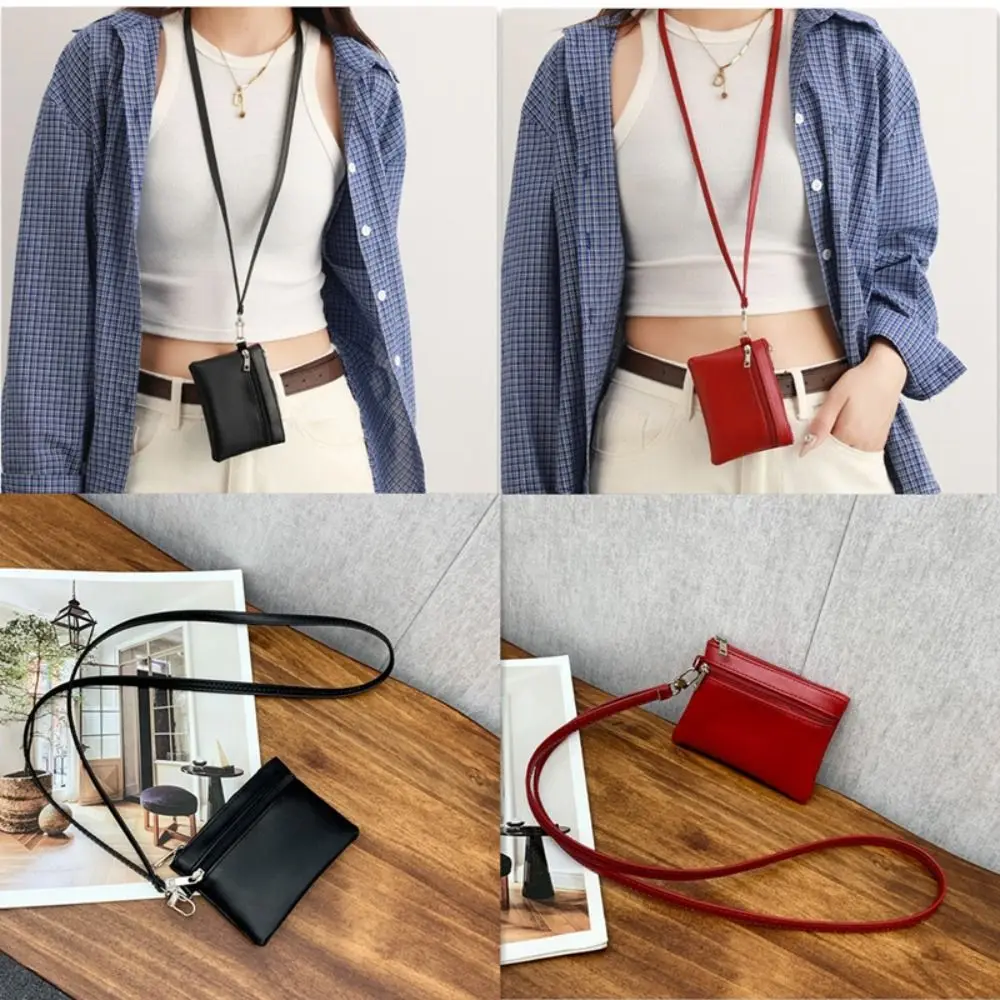 Monedero con cuello colgante de Color sólido, cordón de cuero, billetera para colgar en el cuello, lápiz labial, auriculares, llaves, tarjetas, bolsa de almacenamiento pequeña