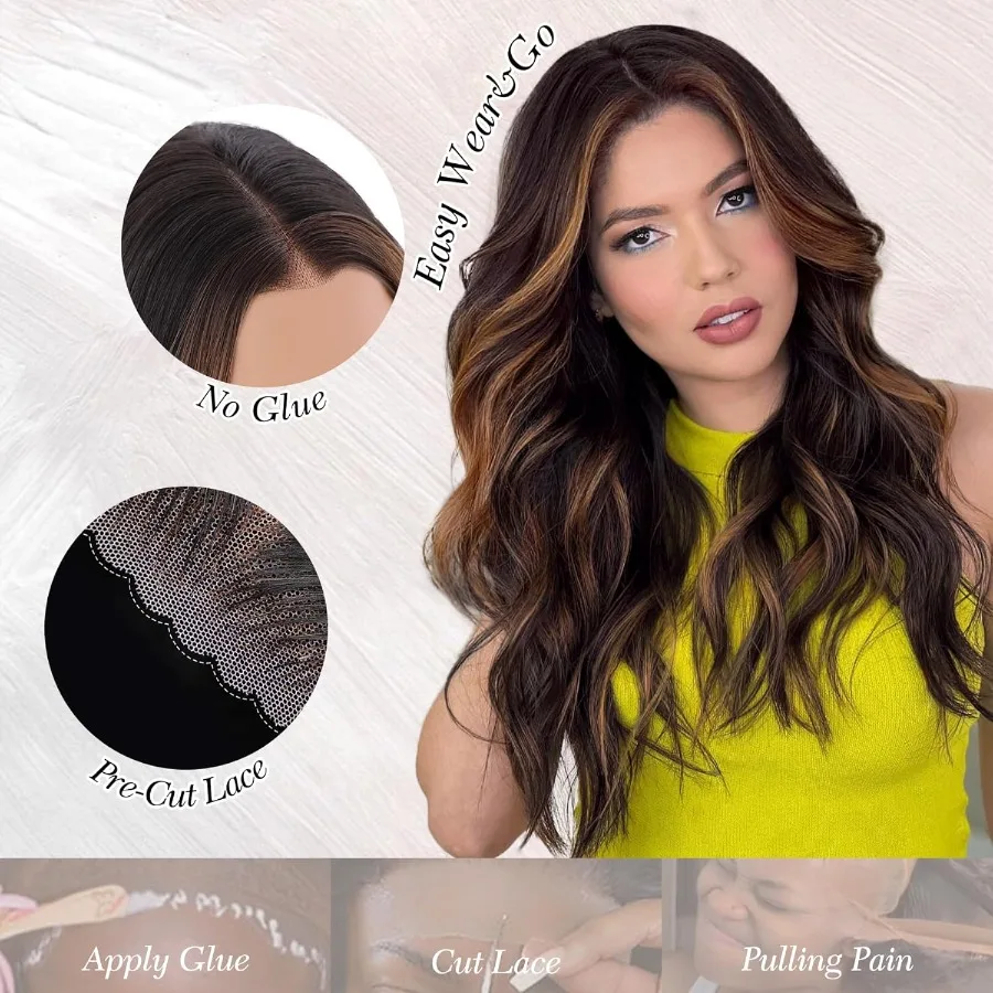 بني داكن مع تسليط الضوء على باروكات صناعية بدون صمغ بدانتيل أمامي للنساء 13 × 4 نمط شعر مموج مسبق القطع مثالي للاستخدام اليومي