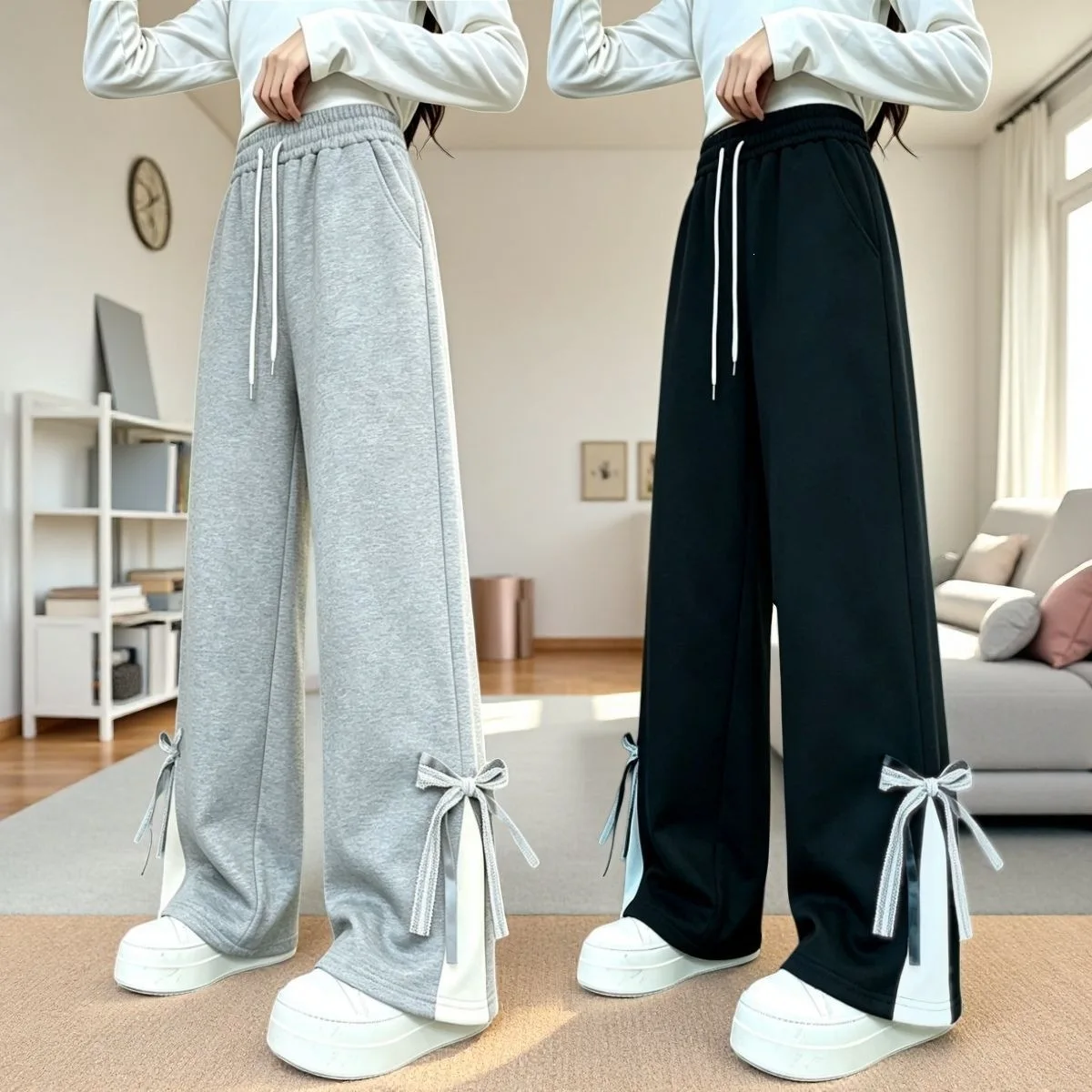 2026 New Girls Bow Straight Leg Sweatpants Spring Autumn Slim Fit Sports Trousers Kids & Junior High School Girls Casual Pants