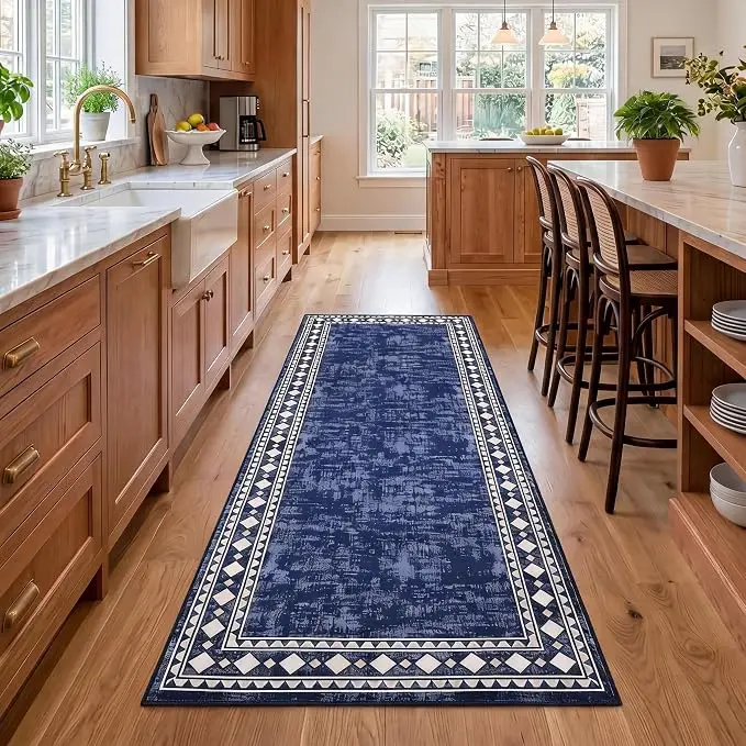 Runner Rug Modern Bordered Hallway Runner Rug, Washable Area Rug Stain Resistant Non-Slip Carpet Minimalist Border Floor Cover Entryway Rug for Laundry Kitchen