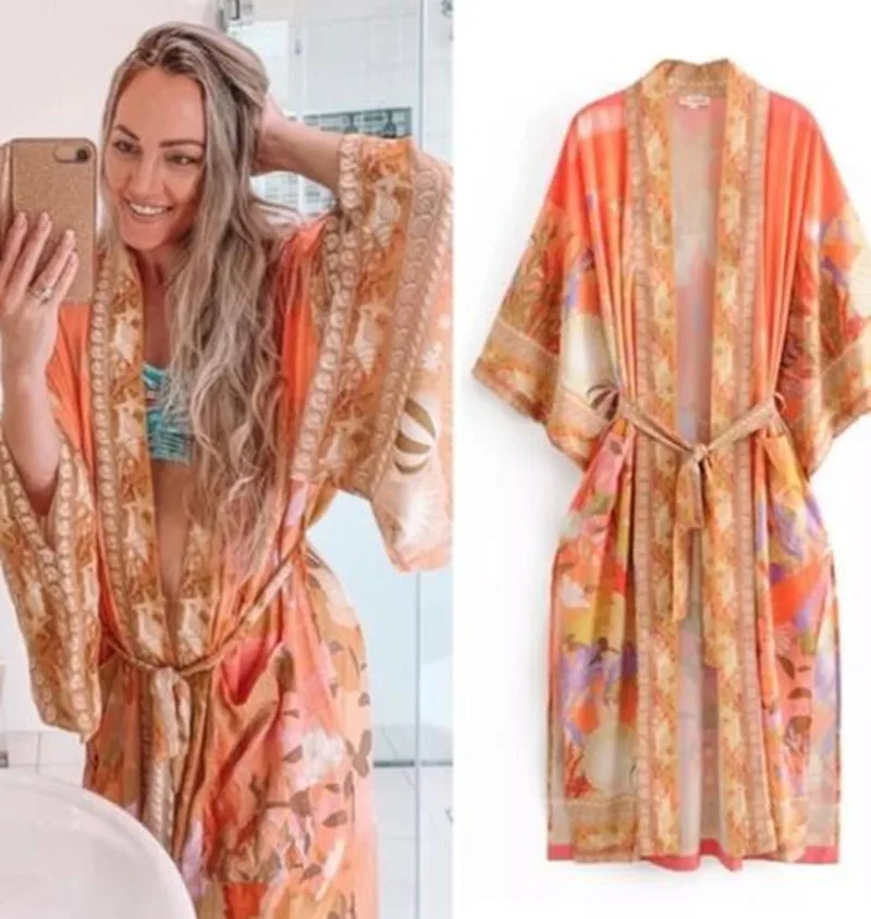 Melphieer 2025 Print Orange Beach Dress Long Beach Cover up Woman Swimwear Bikini Tunic Long Pareos Robe Plage Beachwear Outfit