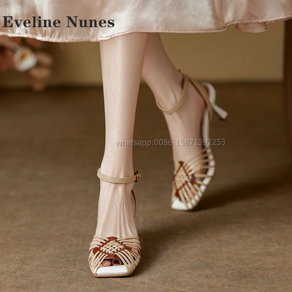 

Woven Peep Toe Bicolor Sandals Retro Elegant Comfortable Shoes Stiletto Hollow Out One Word Buckle Slingback Side Air Rome Pumps