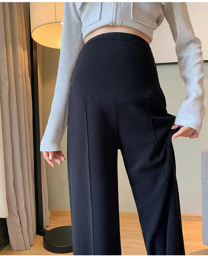 Autumn Winter Soft Cashmere Maternity Straight Pants Wide Leg Loose Straight Belly Trousers for Pregnant Women Pregnancy