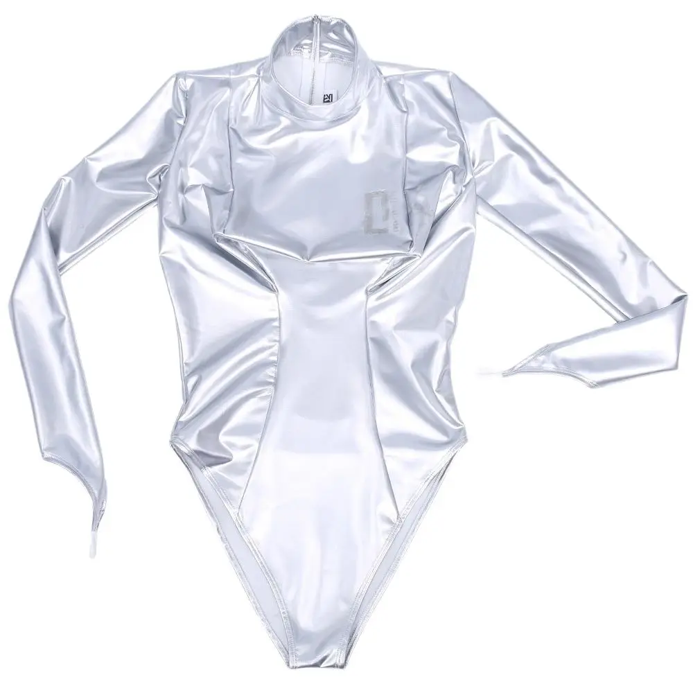 

Wet Look PVC Catsuit Shiny High Cut Leotard 3D Chest Splicing Skinny Shaper PU Leather Sukumizu Body Tops Pole Dancing Bodysuits