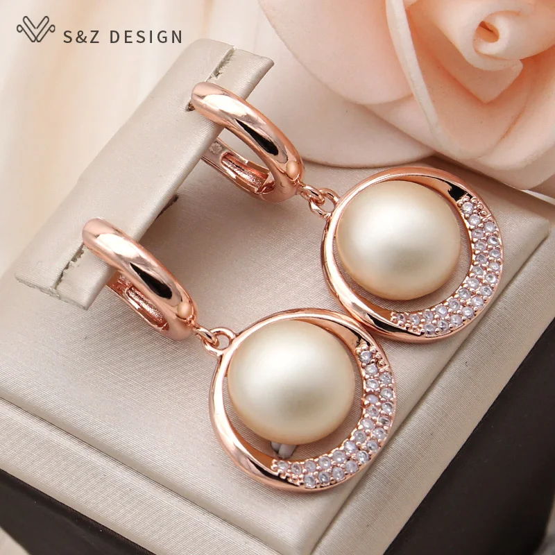 S&Z DESIGN New Fashion Round Simulated-pearl Dangle Earrings For Women Wedding 585 Rose Gold Color Cubic Zirconia Jewelry