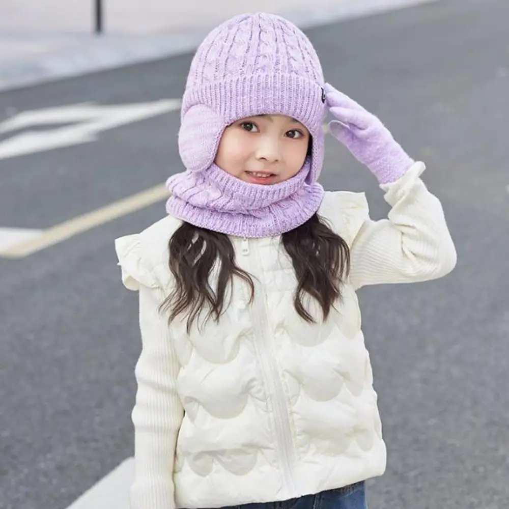3Pcs/Set Soft Solid Color Hat Scarf Gloves Set Earflap Winter Pullover Hat Warm Thickened Ear Protection Caps Boy/Girl