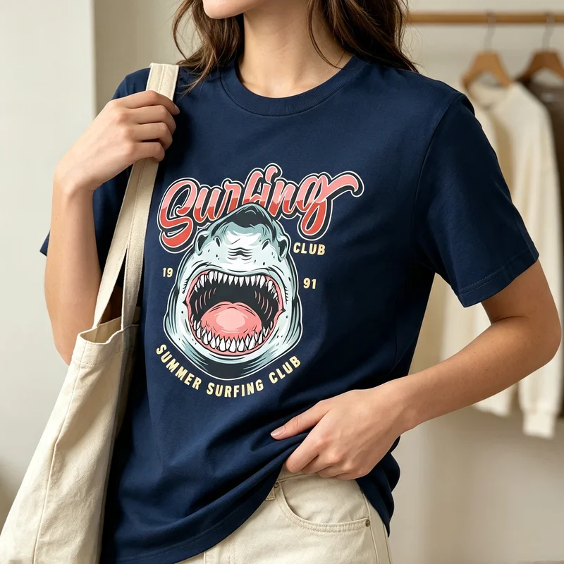Shark Surfing Vintage T-Shirt Summer Surfing Club Graphic Tee Casual Streetwear for Men Women Black Navy Top Harajuku Cotton